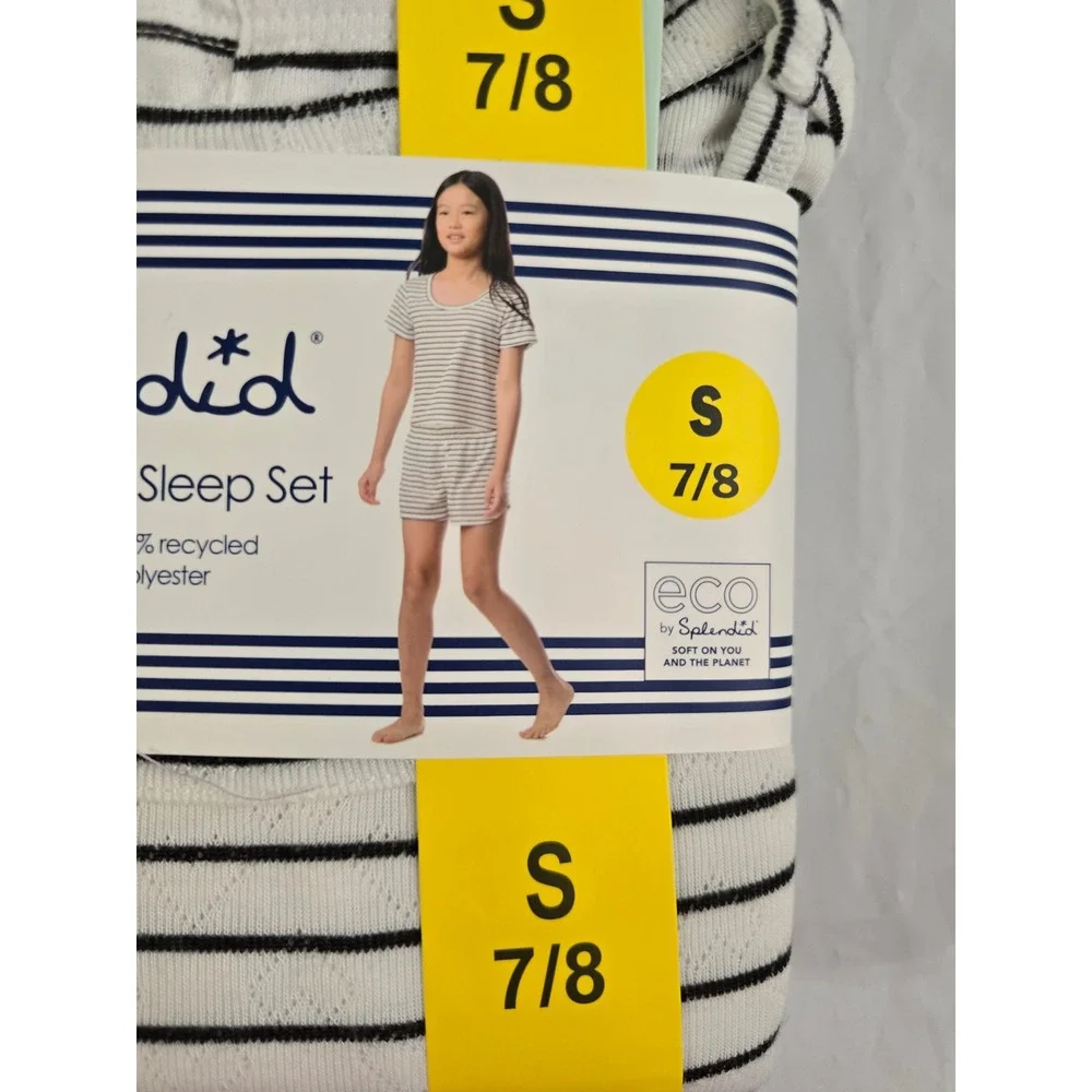 Splendid Kids 4 Piece Sleep Set Pajamas Grey Pointelle Striped Girls Size7/8 NWT